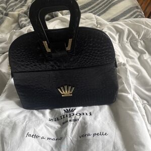 Zamponi Italian Black Croc-Embossed Satchel NEW